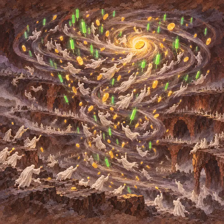 A spiral storm of green candles and gold coins carrying souls toward a shining coin at its centre