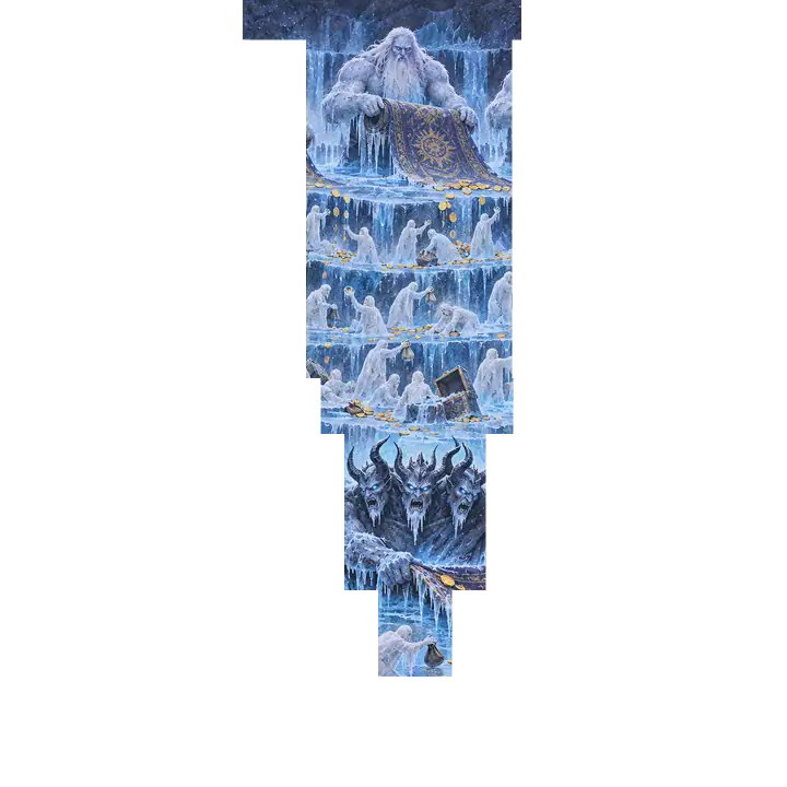 Ice giants rolling up carpets above frozen souls; at the bottom a three-faced winged king pulls a carpet from under everyone as coins slide into the ice